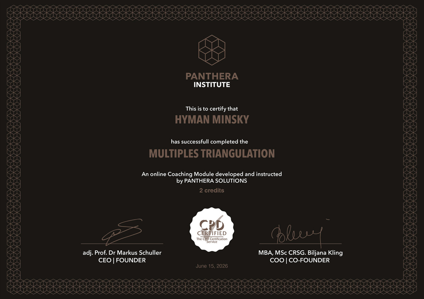 Sample Panthera Institute CPD-certified certificate for a completed coaching module